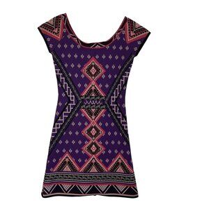 miami Aztec Geometric Bodycon Pink Purple Black Knit Cap Sleeve Mini Dress M
